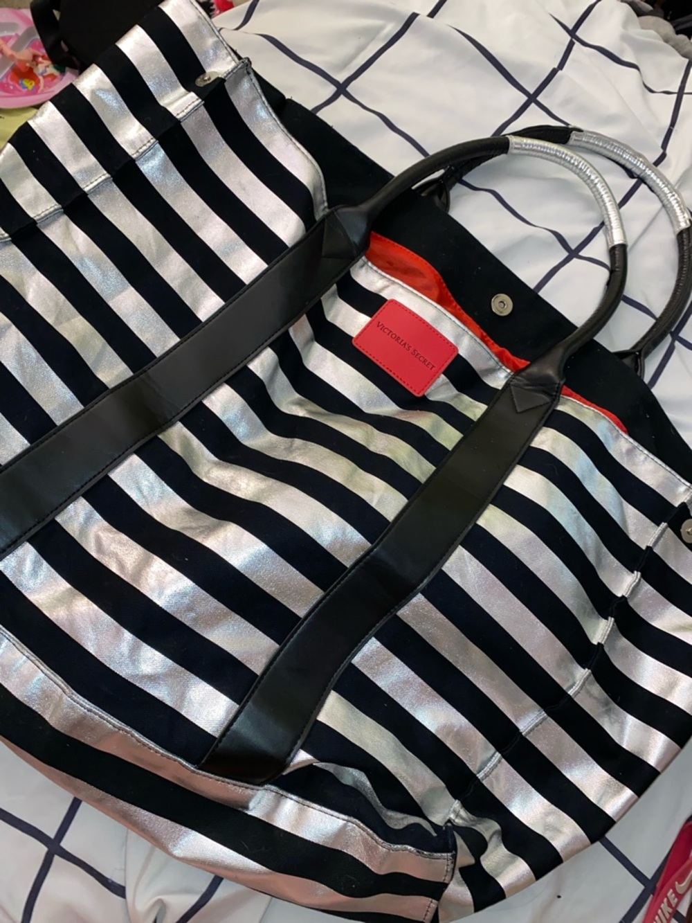 Victoria's Secret Black, Silver & Red Striped Big Tote